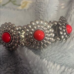 Silver and Red Floral Bracelet